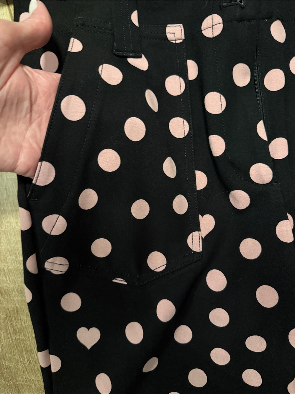 NEW Anthropologie Black pants with Pink Polka Dot & Heart Print - Picture 8 of 15